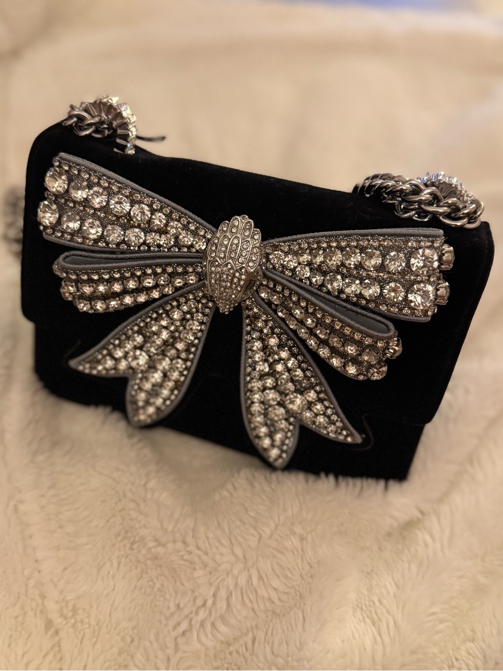 Kurt Geiger Black Velvet Shoulder Bag with Crystal Bow